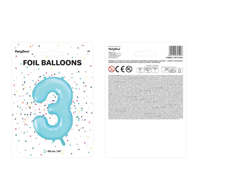 PartyDeco, balon foliowy, w kształcie cyfry 3, 86 cm, jasny niebieski