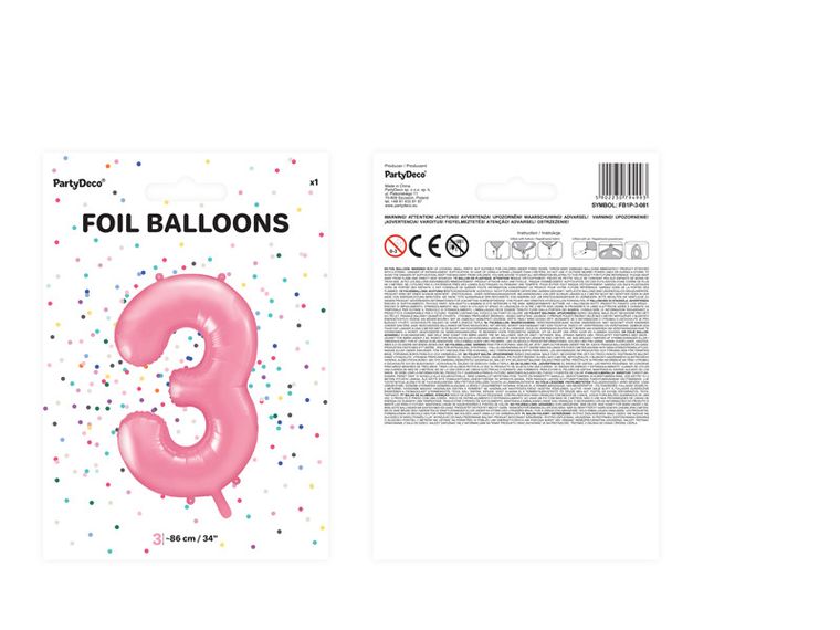 PartyDeco, balon foliowy, w kształcie cyfry 3, 86 cm, różowy