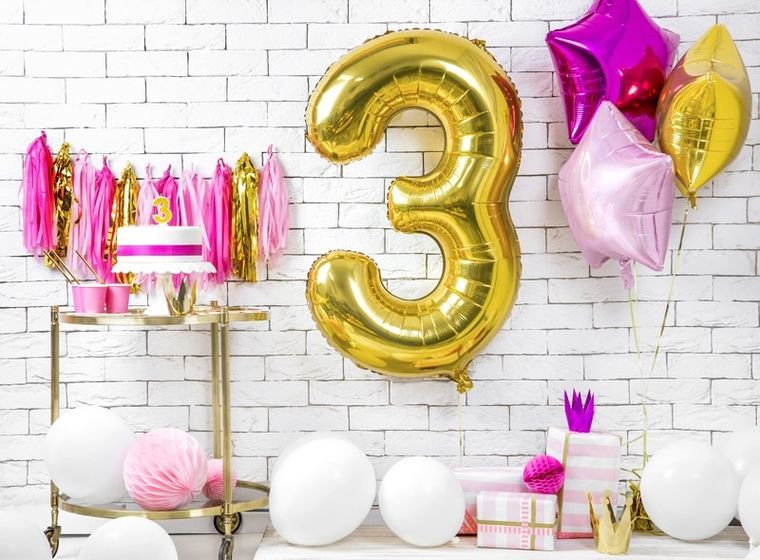 PartyDeco, balon foliowy, w kształcie cyfry 3, złoty, 86 cm