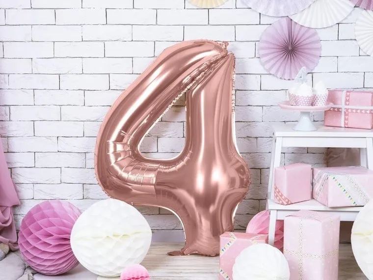 PartyDeco, balon foliowy, w kształcie cyfry 4, 86 cm, różowe złoto