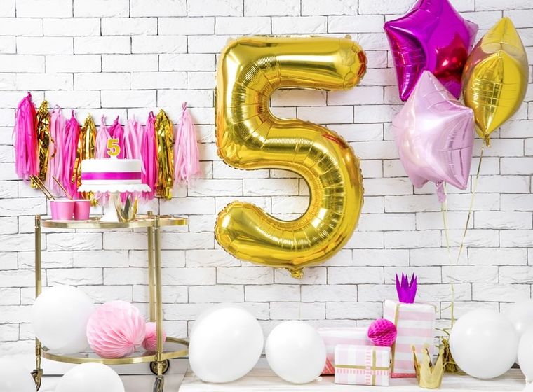 PartyDeco, balon foliowy, w kształcie cyfry 5, złoty, 86 cm