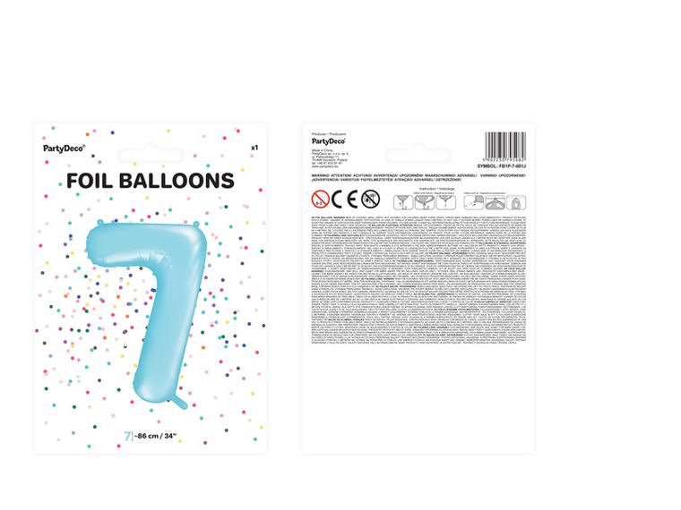 PartyDeco, balon foliowy, w kształcie cyfry 7, 86 cm, jasny niebieski