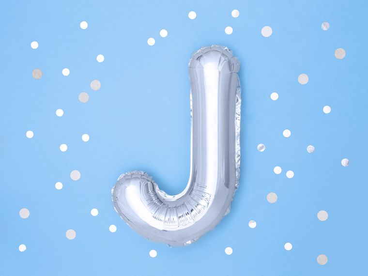 PartyDeco, balon foliowy, w kształcie litery J, srebrny, 35 cm