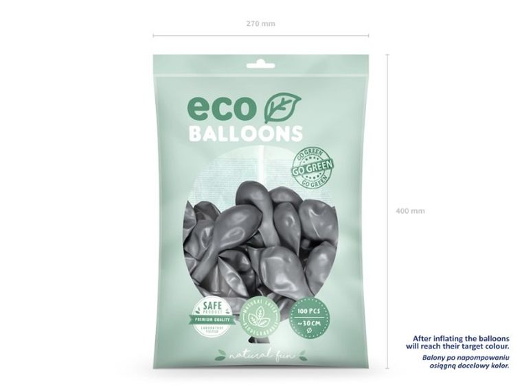 Partydeco, balony eco, 30 cm, srebrny, 100 szt.