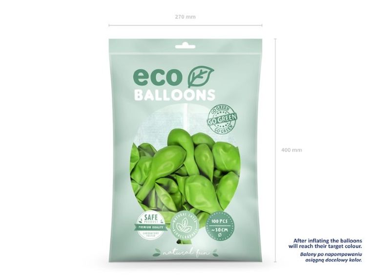 Partydeco, balony eco, 30 cm, zielone jabłuszko, 100 szt.