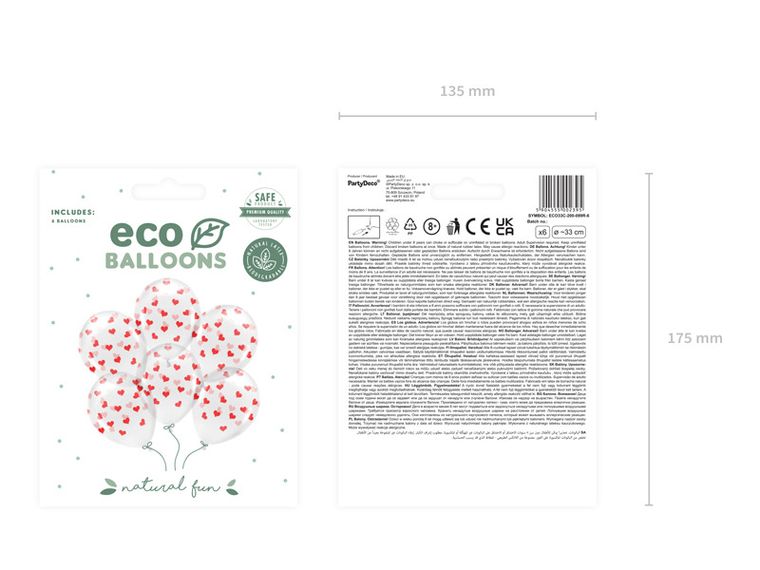 PartyDeco, balony Eco 33 cm, Serca, Crystal Clear, 6 szt.