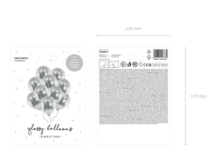 PartyDeco, balony Glossy, 30 cm, srebrny, 10 szt.