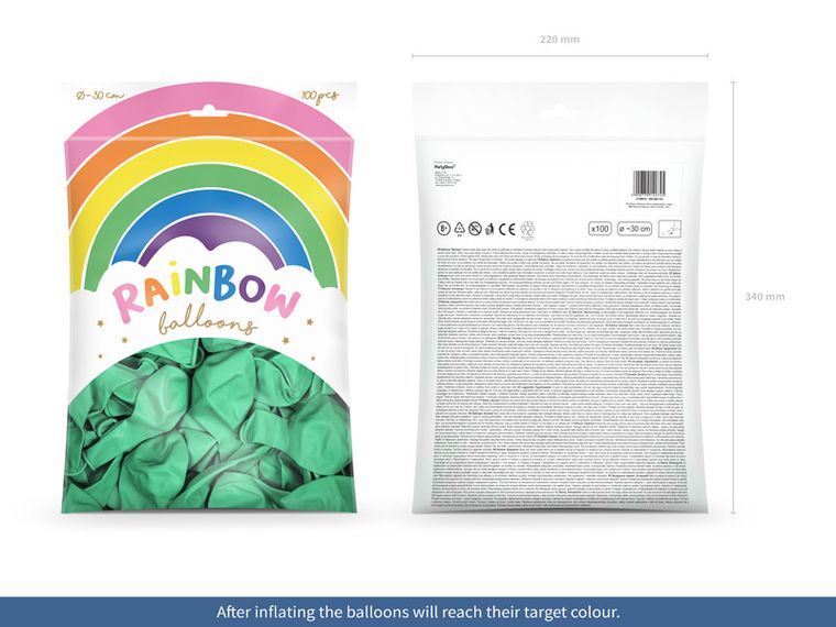 PartyDeco, balony Rainbow 30 cm, metalizowane, mięta, 100 szt.