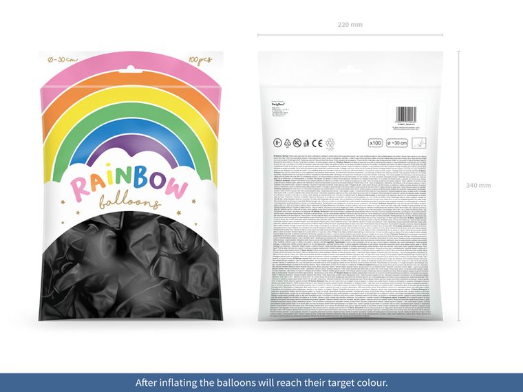 PartyDeco, balony Rainbow 30 cm, pastelowe, czarny, 100 szt.