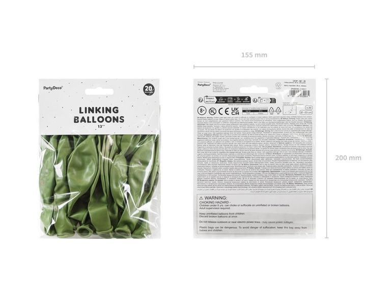 PartyDeco, balony z łącznikiem, oliwkowy, 33 cm, 20 szt.