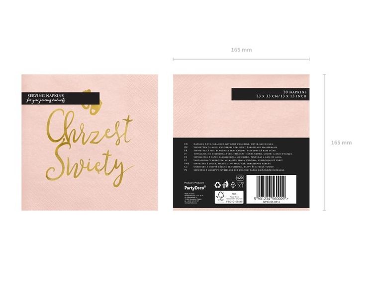 PartyDeco, Chrzest Święty, serwetki, jasny różowy, 33-33 cm, 12 szt.