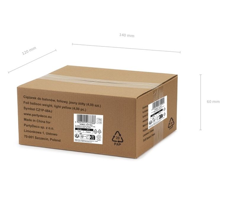 PartyDeco, ciężarki do balonów, foliowy, jasny żółty, 4 szt.