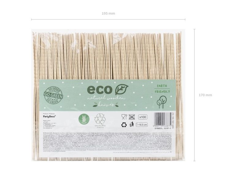 PartyDeco, drewniane noże, 16.5 cm, 100 szt.