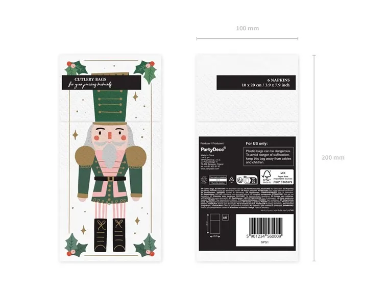 PartyDeco, Dziadek do orzechów, kieszonka na sztućce, 10-20 cm, 6 szt.