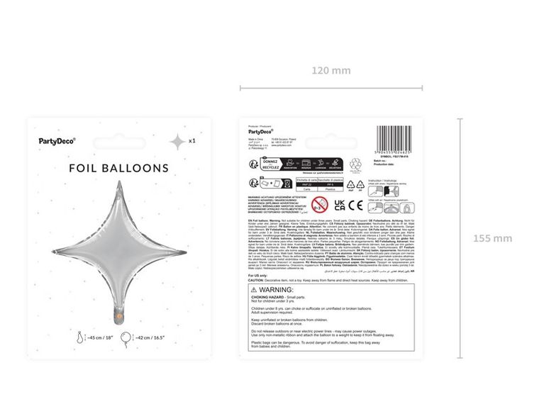 PartyDeco, gwiazda 4-ramienna, balon foliowy, srebrny, 45 cm