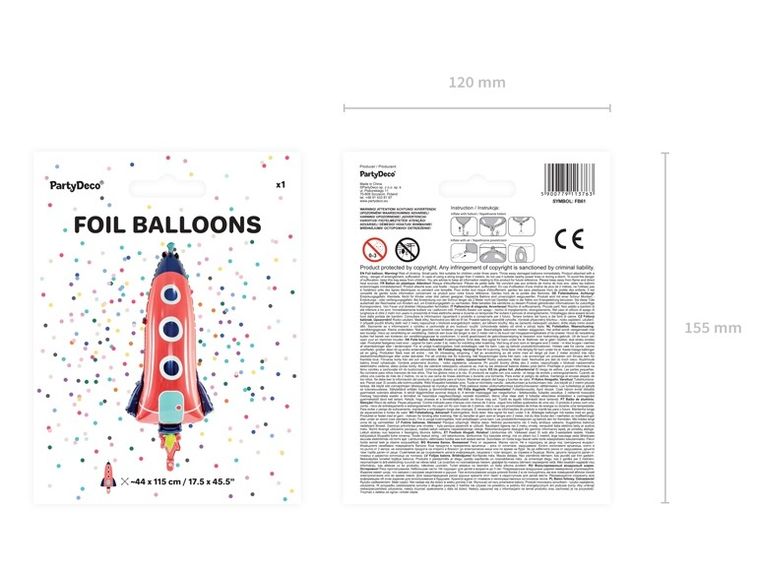 PartyDeco, Kosmiczne Party, balon foliowy, rakieta, 44-115 cm