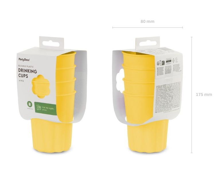 PartyDeco, kubeczki plastikowe, falbanka, żółte, 220 ml, 4 szt.