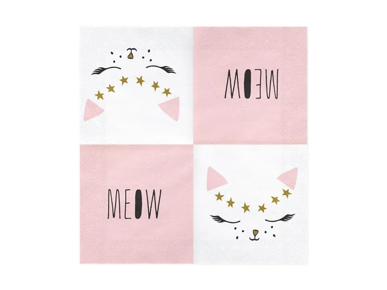 PartyDeco, Meow Party, serwetki papierowe urodzinowe kotek, białe, 33 cm, 20 szt.