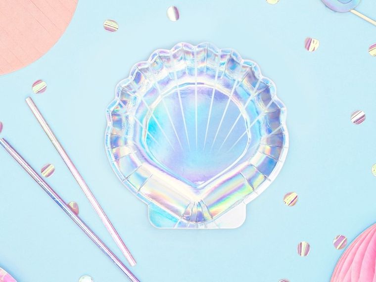 PartyDeco, Mermaid Party, talerzyki papierowe, syrenka-muszla, opalizujący, 18,5 cm, 6 szt.