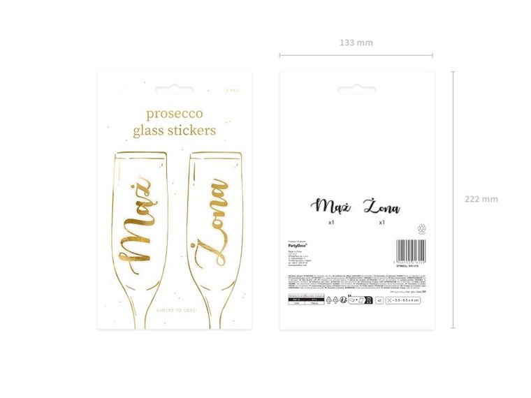 PartyDeco, naklejki na kieliszki, mąż i żona, złoty, 2 szt.