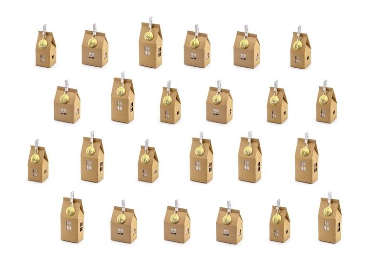 PartyDeco, Naturalne Święta, kalendarz adwentowy, domki, mix