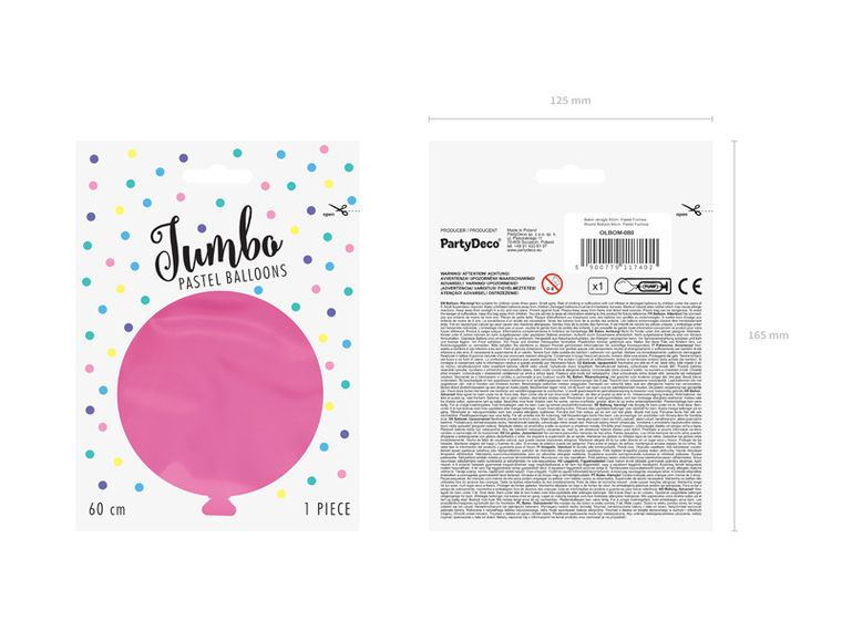 PartyDeco, olbrzymi okrągły balon, pastel, fuchsia, 60 cm