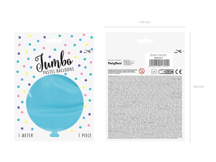 PartyDeco, olbrzymi okrągły balon, pastel, light blue, 1 m