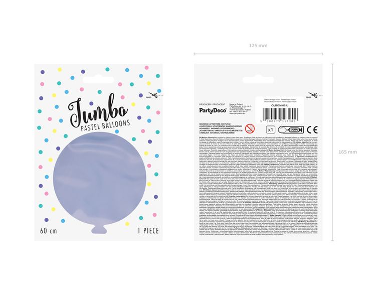 PartyDeco, olbrzymi okrągły balon, pastel, light lilac, 60 cm