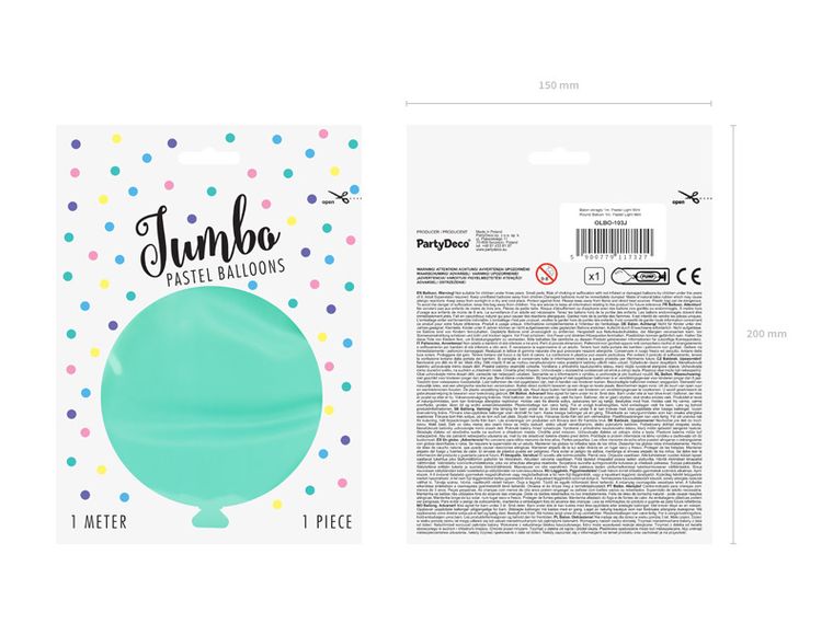 PartyDeco, olbrzymi okrągły balon, pastel, light mint, 1 m