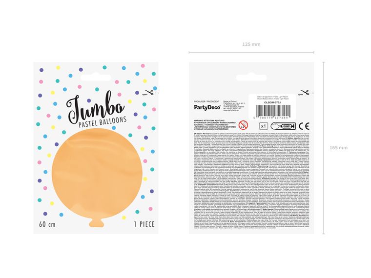 PartyDeco, olbrzymi okrągły balon, pastel, light peach, 60 cm