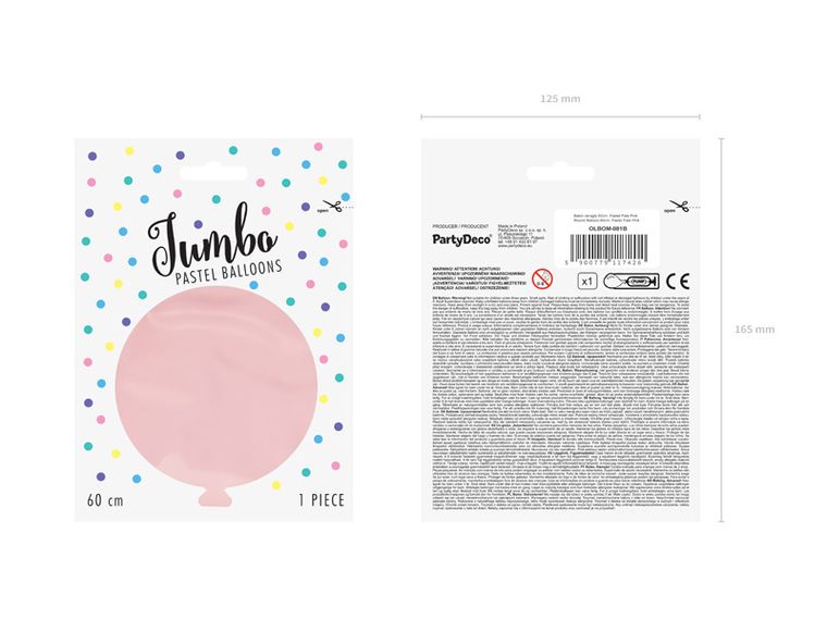 PartyDeco, olbrzymi okrągły balon, pastel, pale pink, 60 cm