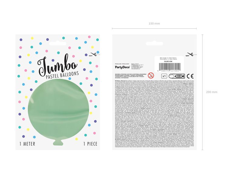 PartyDeco, olbrzymi okrągły balon, pastel, pistachio, 1 m