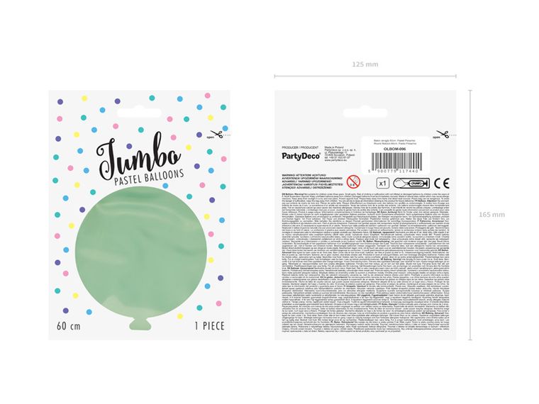PartyDeco, olbrzymi okrągły balon, pastel, pistachio, 60 cm