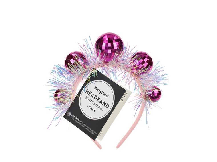 PartyDeco, opaska na głowę, kule disco, różowe, 17.5-17.5 cm