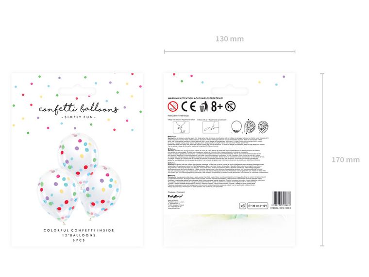 PartyDeco, przeźroczyste balony z okrągłym konfetti, 30 cm, mix, 6 szt.
