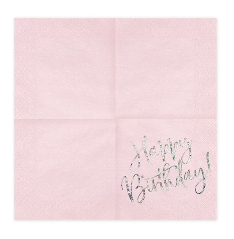 Partydeco, serwetki, Happy Birthday, jasny pudrowy róż, 33-33 cm