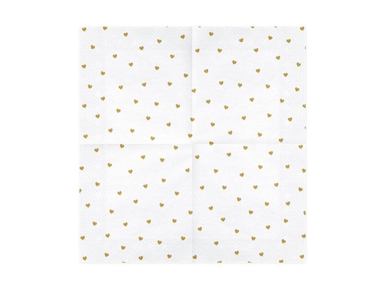 PartyDeco, serwetki papierowe na Walentynki lub wesele, złote serca, białe, 33 cm, 20 szt.