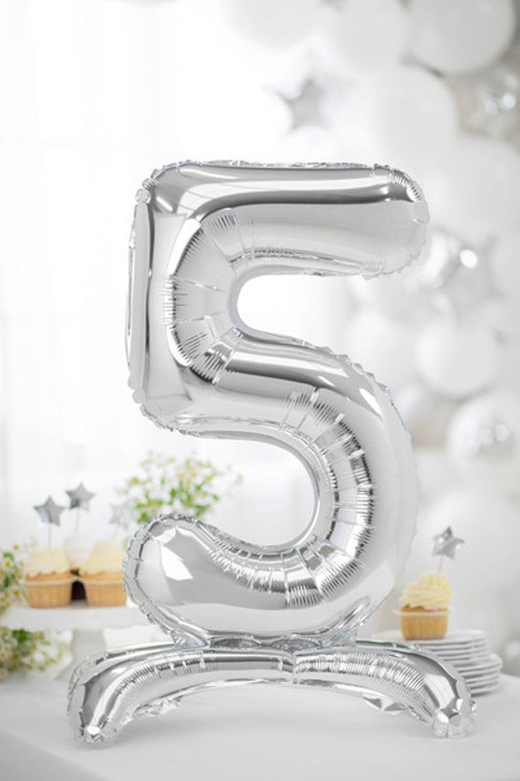 PartyDeco, stojący balon foliowy, cyfra "5", 70 cm, srebrny, 1 szt.