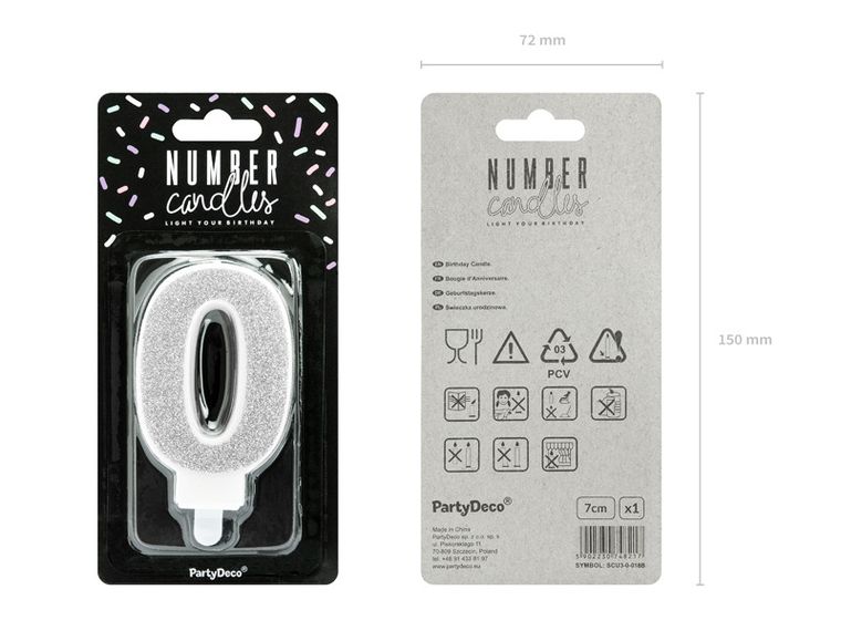 PartyDeco, świeczka urodzinowa, cyferka 0, srebrny, 7 cm