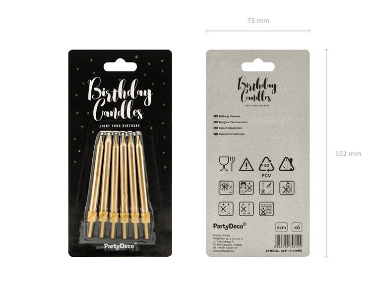 PartyDeco, świeczki urodzinowe gładkie, złoty, 6 cm, 6 szt.