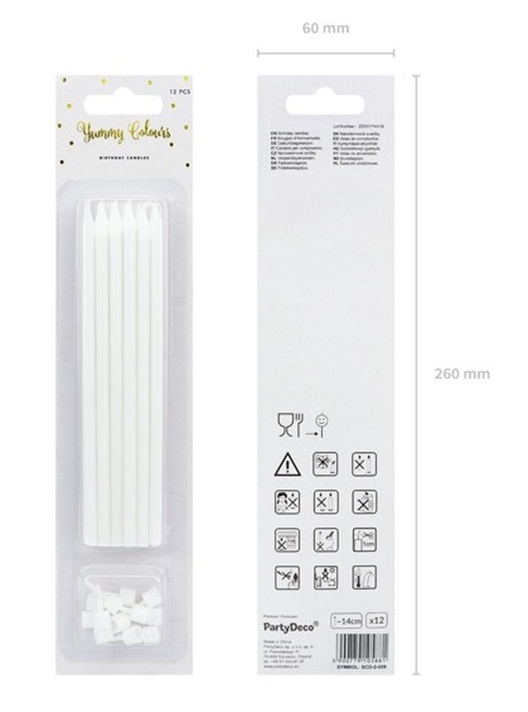 PartyDeco, świeczki urodzinowe na tort, gładkie, białe, 14 cm, 12 szt.