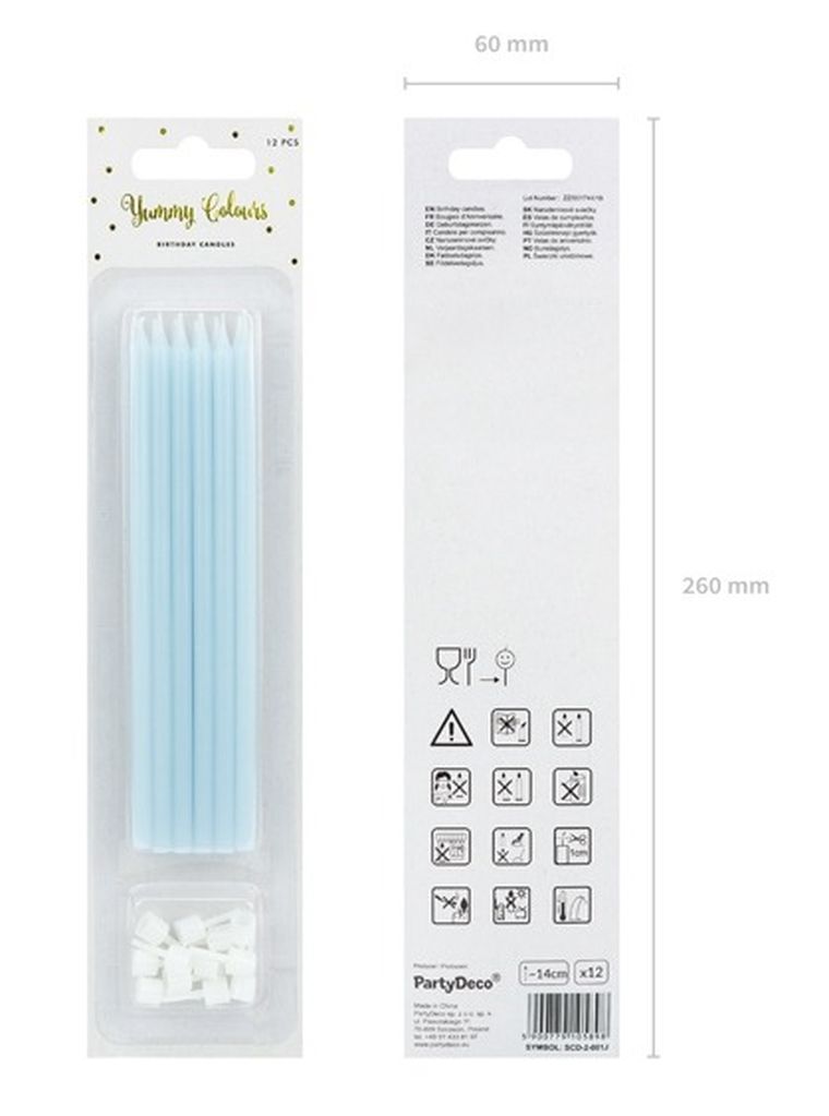 PartyDeco, świeczki urodzinowe na tort, gładkie, jasno-niebieskie, 14 cm, szt.