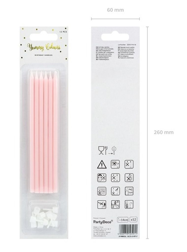 PartyDeco, świeczki urodzinowe na tort, gładkie, jasno-różowe, 14 cm, 12 szt.