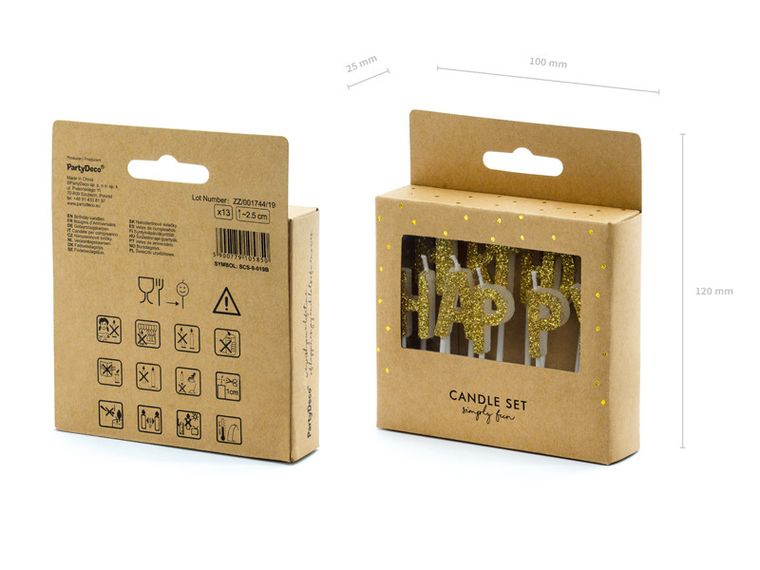 PartyDeco, świeczki urodzinowe na tort, Happy Birthday, złote, 2,5 cm, 13 szt.