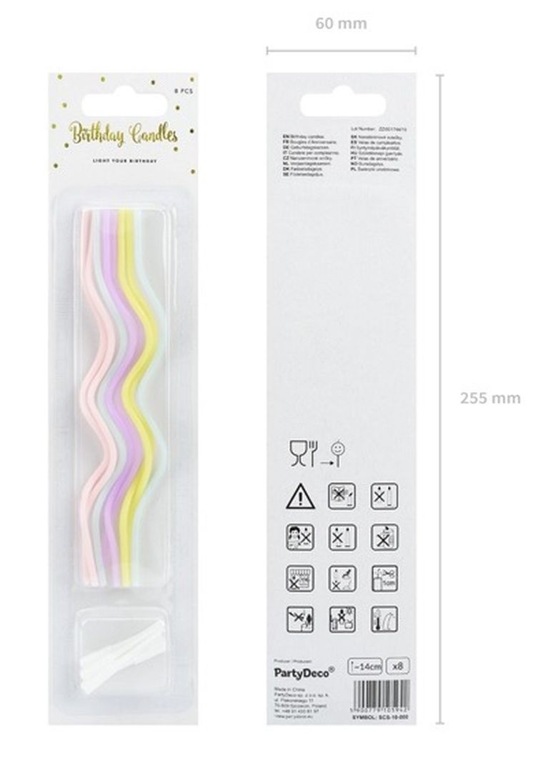 PartyDeco, świeczki urodzinowe na tort, zakręcone, 14 cm, 8 szt., mix