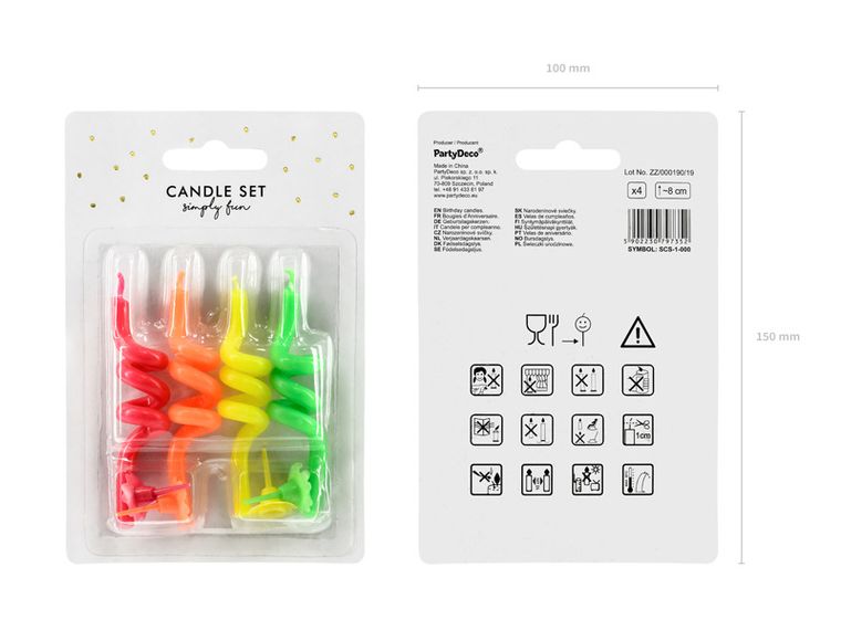 PartyDeco, świeczki urodzinowe na tort, zakręcone, 8 cm, 4 szt.