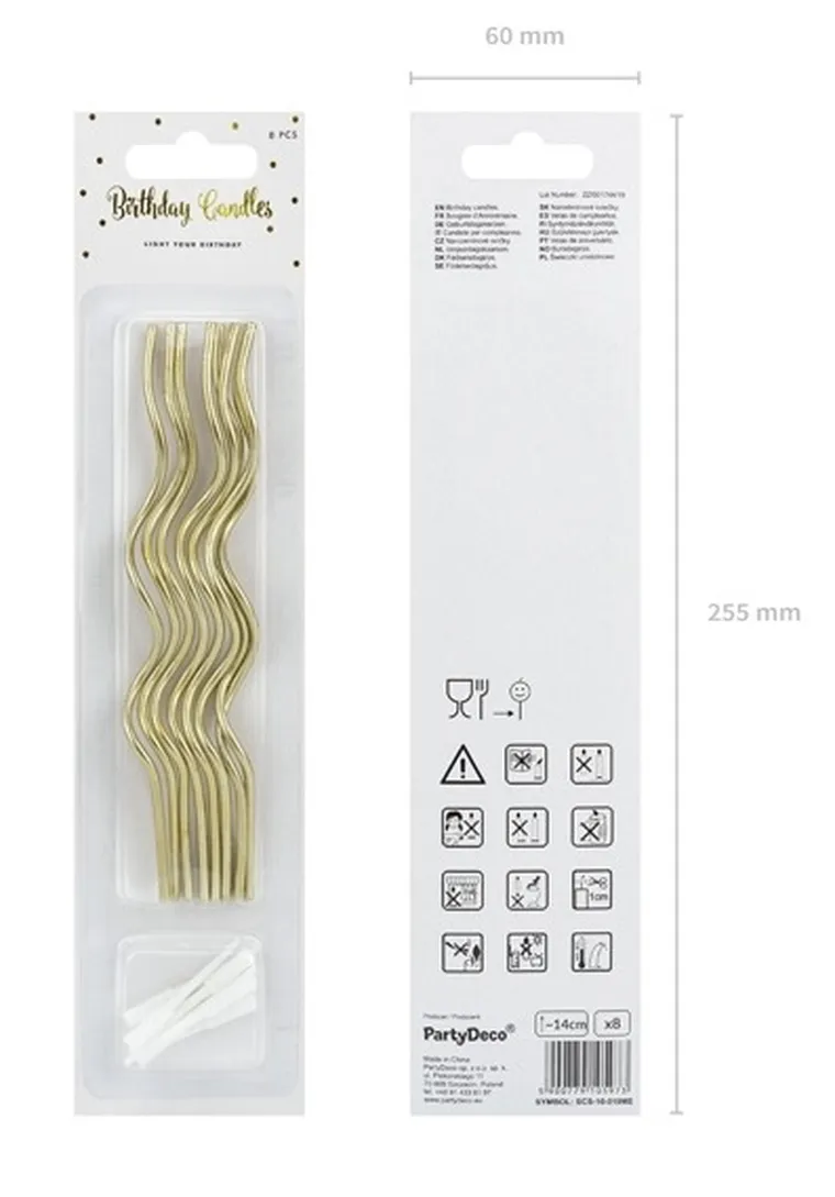 PartyDeco, świeczki urodzinowe na tort, zakręcone, złote, 14 cm, 8 szt.
