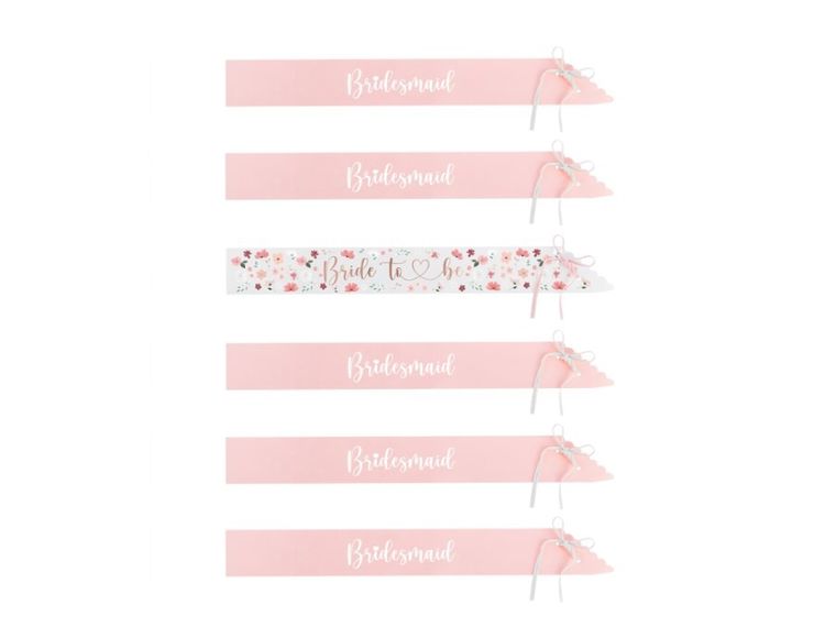 PartyDeco, szarfy na wieczór panieński, bride to be i bridesmaid, 76 cm, 6 szt.