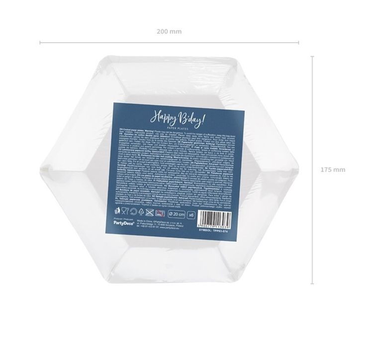 PartyDeco, talerzyki papierowe happy b'day! granatowe, 20 cm, 6 szt.