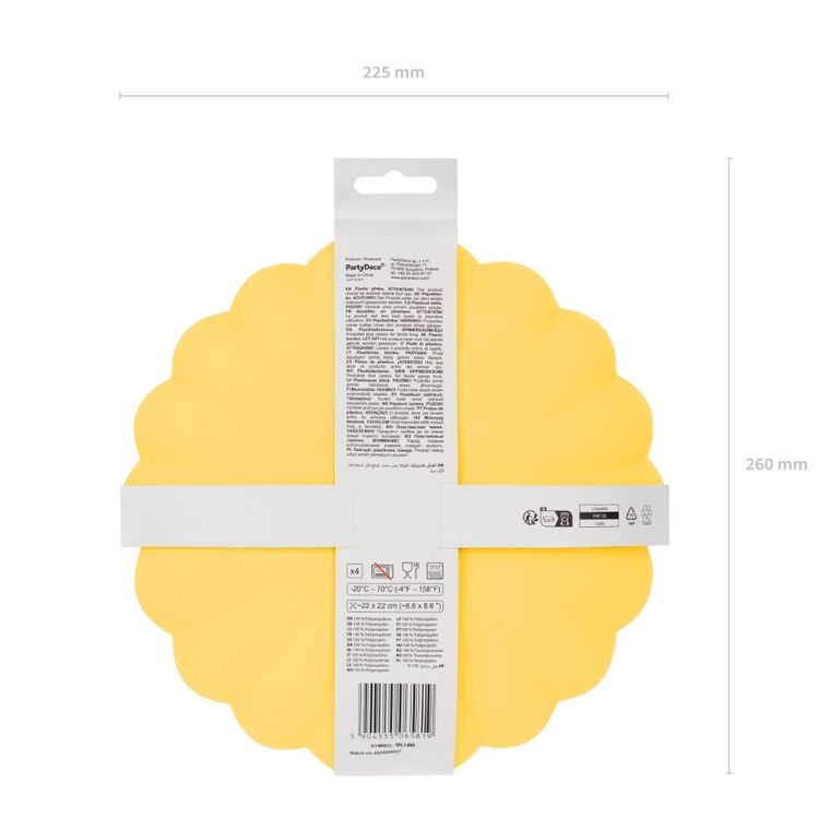 PartyDeco, talerzyki plastikowe, falbanka, żółte, 22-22 cm, 4 szt.